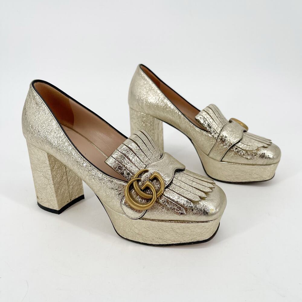 Gucci Gold Metallic Crackled Leather GG Marmont Fringe Platform Heels EU 36 - Picture 3 of 16